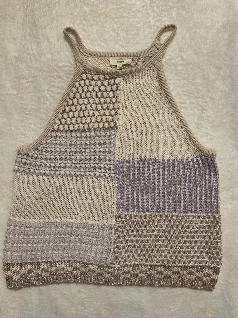 entro Patchwork Off-the-Shoulder Knit Halter Tank - Beige & Light Lavender